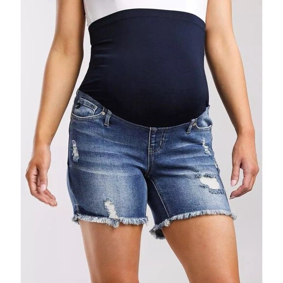 Kancan Maternity Stretch Shorts Blue Denim Distressed Full Belly Panel Sz 7/27 - Picture 2 of 14